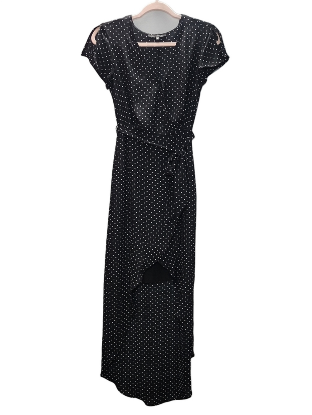 DYNAMITE Black and white polka dot high low wrap dress
